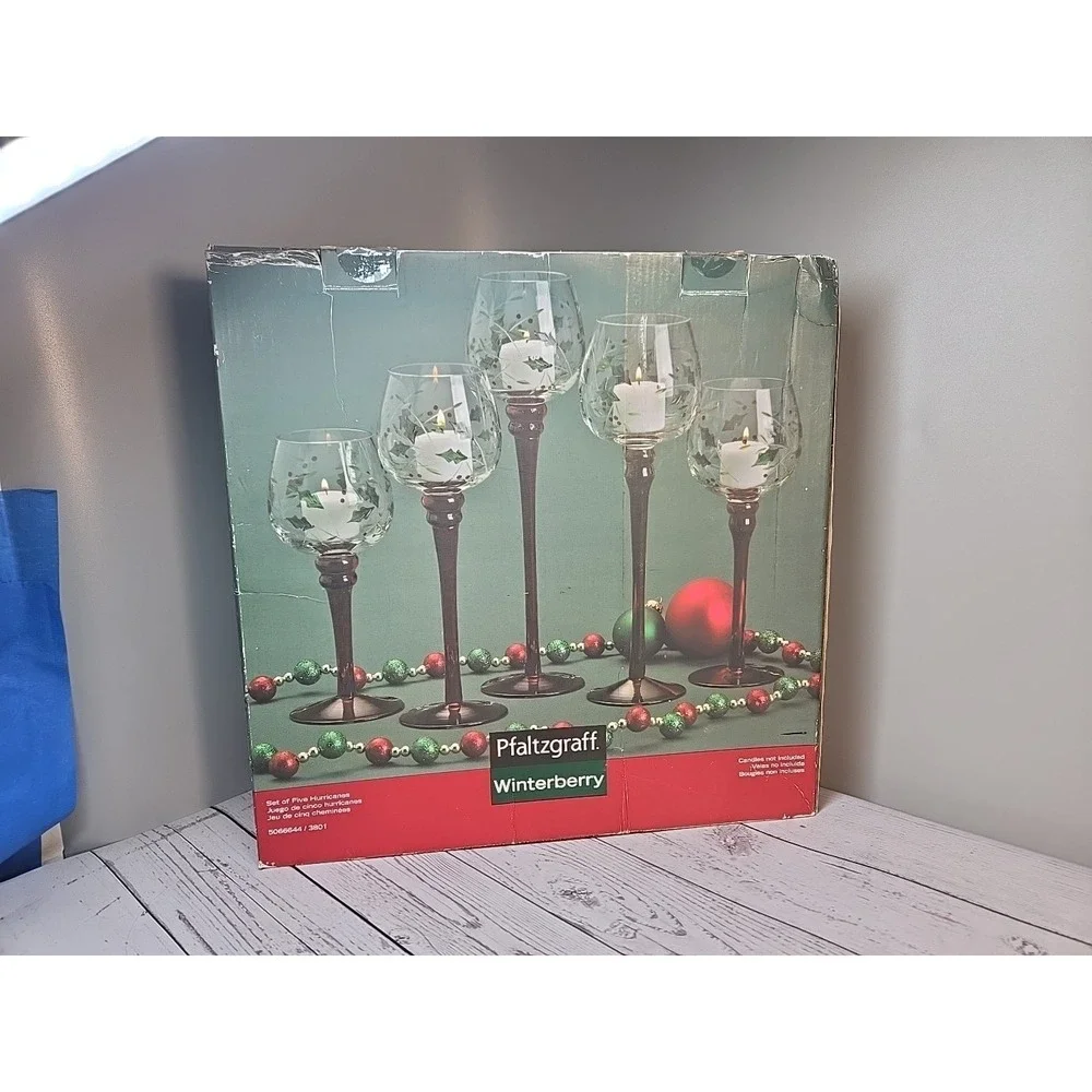PFALTZGRAFF Set of 5 Hurricane Red Stem Candle‎ Votive Holders WINTERBERRY